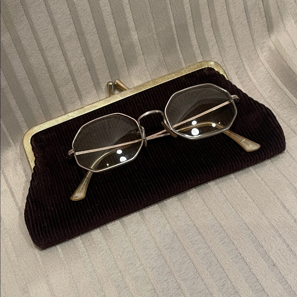 Vintage Octagonal Wire Frame Gold Glasses with Case.